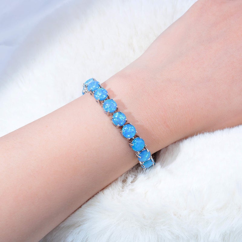 CiNily Created Blue Fire Opal Rhodium Plated for Women Jewelry Gems Round Bracelet 8.12'' - Image 4