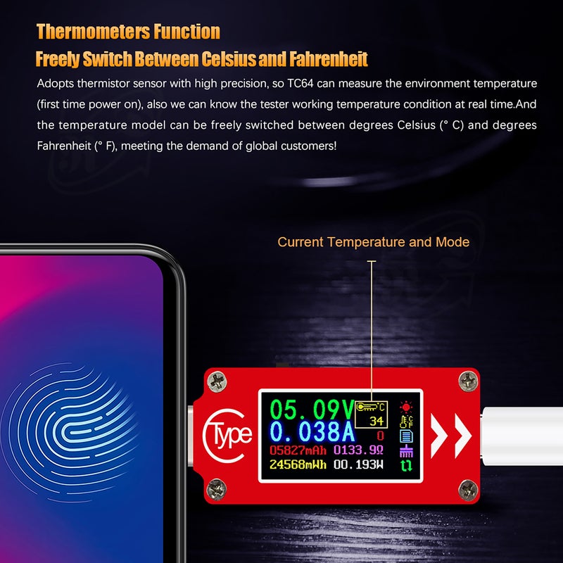 مقياس جهد وتيار USB مع شاشة LCD ملونة من النوع Type-C TC64 - مقياس متعدد الوظائف لاختبار بطارية وشاحنات الطاقة المحمولة ومدخل شحن PD واجهة USB - Image 2