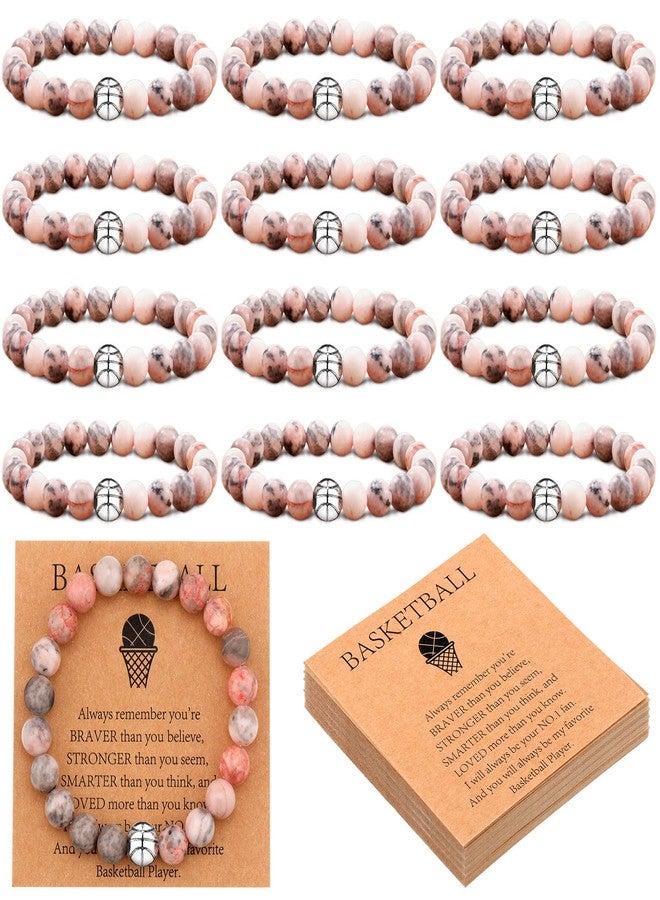 Ecation 12 Pcs Sport Bracelets Team Gift Lava Stone Black White Beaded Bracelet with Inspirational Card for Sport Party Favor (Basketball) - Image 1