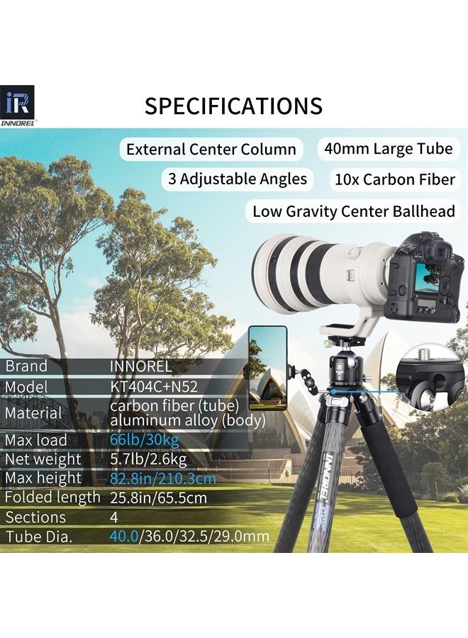 Innorel 10-Layer Carbon Fiber Compact Tripod KT404C Professional 40mm Tube Heavy Duty Camera Stand for Digital DSLR Video Camcorder with 52mm Low Profile Panoramic Ballhead Center Column Load 30kg - Image 1