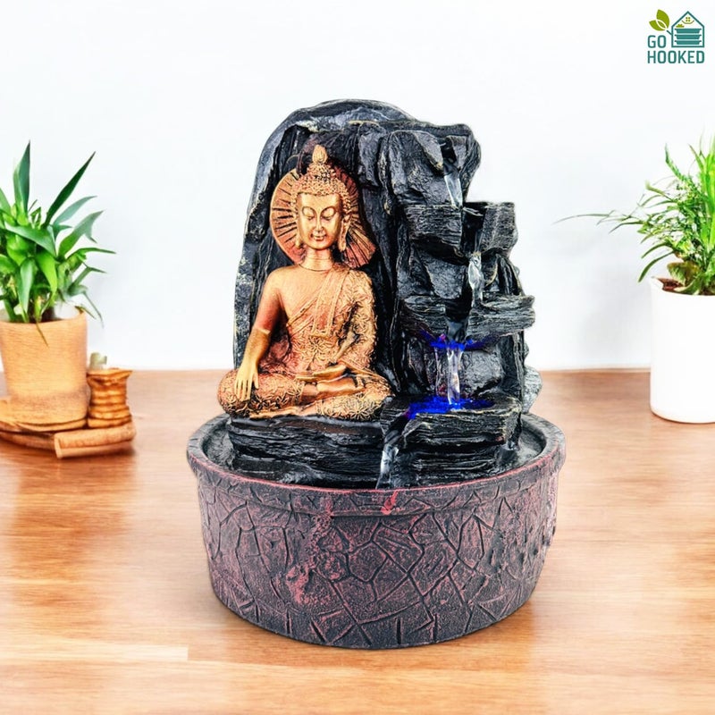 Go Hooked نافورة شلال اللورد بوذا مع أضواء LED وتدفق ماء قابل للتعديل | نافورة طاولة من البولي ريزين لغرفة البوجا، التأمل، ديكور المنزل والمكتب | ديكور لتخفيف التوتر والطاقة الإيجابية - Image 2