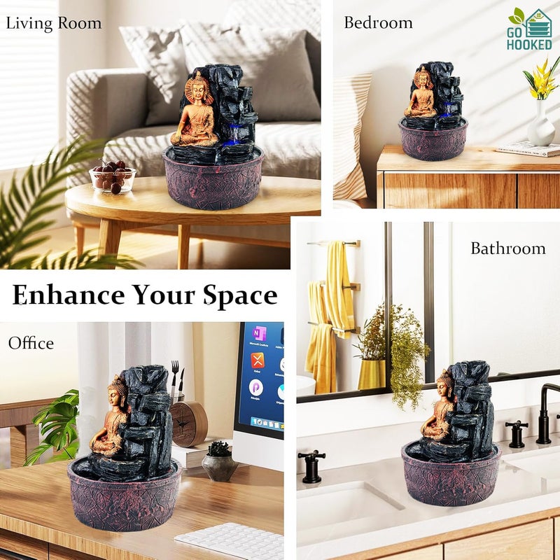 Go Hooked نافورة شلال اللورد بوذا مع أضواء LED وتدفق ماء قابل للتعديل | نافورة طاولة من البولي ريزين لغرفة البوجا، التأمل، ديكور المنزل والمكتب | ديكور لتخفيف التوتر والطاقة الإيجابية - Image 5