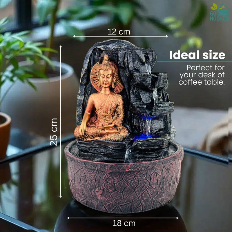 Go Hooked نافورة شلال اللورد بوذا مع أضواء LED وتدفق ماء قابل للتعديل | نافورة طاولة من البولي ريزين لغرفة البوجا، التأمل، ديكور المنزل والمكتب | ديكور لتخفيف التوتر والطاقة الإيجابية - Image 4