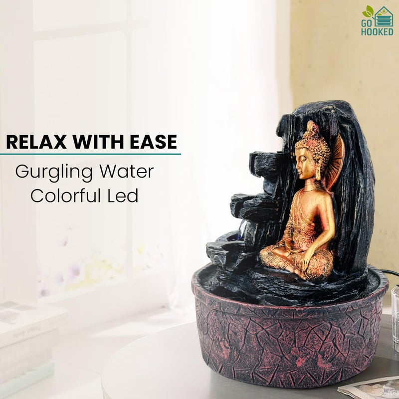 Go Hooked نافورة شلال اللورد بوذا مع أضواء LED وتدفق ماء قابل للتعديل | نافورة طاولة من البولي ريزين لغرفة البوجا، التأمل، ديكور المنزل والمكتب | ديكور لتخفيف التوتر والطاقة الإيجابية - Image 3