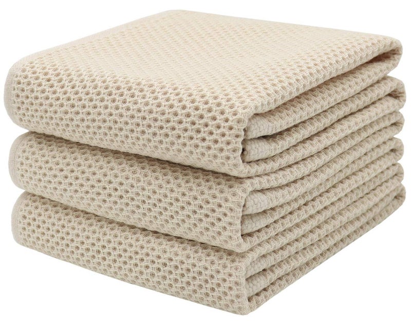 Mia'sDream Mias Dream Soft Absorbent Cotton Waffle Weave Kitchen Dish Cloth Washcloth 13x28 inch 3 Pack Beige 