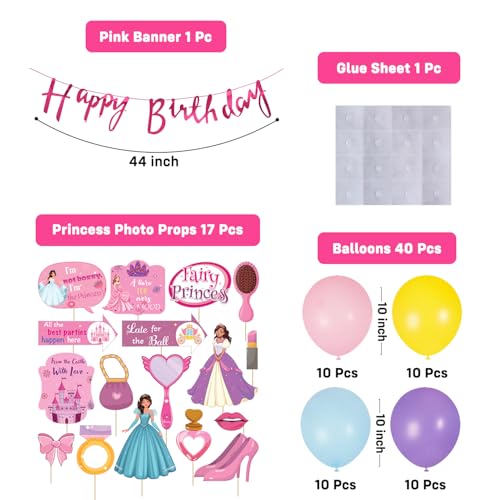 Party Propz Princess Theme Birthday Decoration Items – 59 Pcs | Happy Birthday Banner, Princess Photo Props, 40 Pcs Balloons for Decoration, Pink Birthday Decoration Kit for Girls (Cardstock, Latex) - Image 2