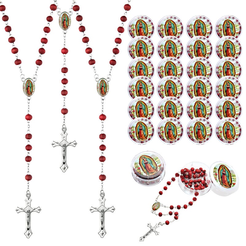 Brilucky 24 PCS Red Rosary Beads Bulk For Baptism Favors,Regligious Bulk Rosaries For First Communion Party Favors,Rosary Beads Necklace Gifts For Recuerdos De Bautizo Primera Comunion - Image 1