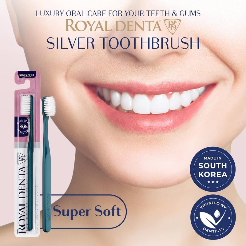 Royal Denta فرشاة أسنان ناعمة جدًا وحساسة للبالغين، بشعيرات ناعمة للغاية مخصصة للأسنان الحساسة واللثة الحساسة، بجزيئات فضية، لون أخضر معدني، - Image 1