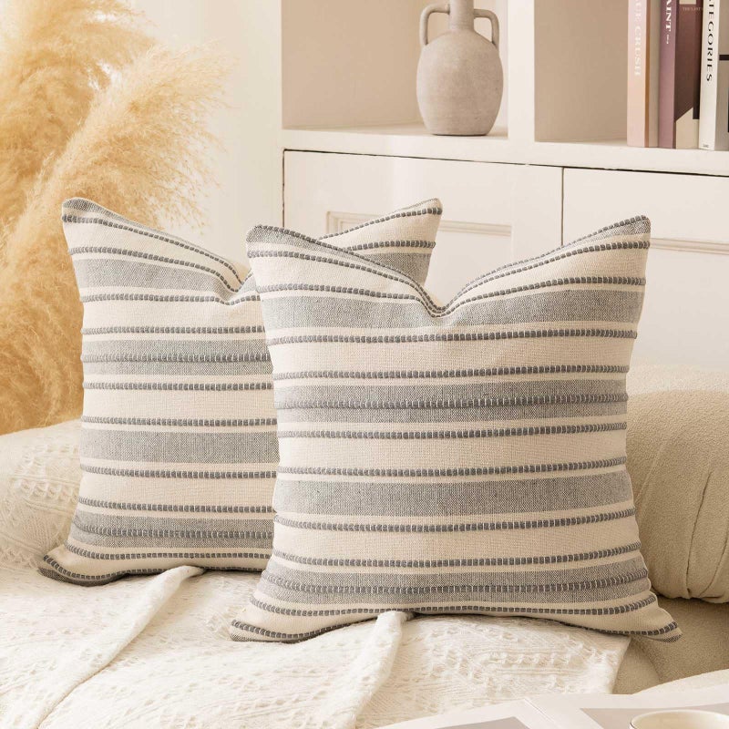WACOMECO Pack of 2 Farmhouse Throw Pillow Covers, Textured Boho Cushion Covers for Couch Sofa Bed Home Decoration, 18x18 inch, Light Grey - Image 1