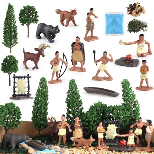 wookidel Powhatan Indians Powhatan Native American Figurines Set Figurine Includes Powhatan Indian Figurines Chief Campfire Trees for Kids Historical Education School Project Decoration Birthday Gift - Image 1