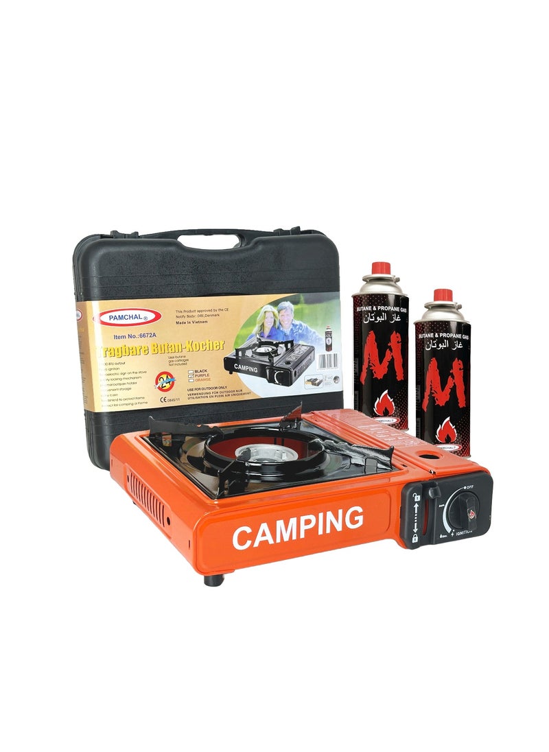 PAMCHAL Camping Stove with Box and 2-Pieces Butane Gas Cartridge Red 