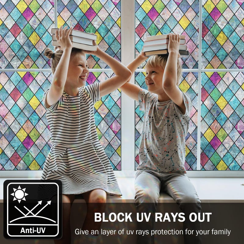 FEOMOS Stained Glass Window Film  Window Privacy Films  Colorful Lattice Window Tint  Rainbow Glass Decals Stickers for Home Anti UV 11.8 x 118 inches - Image 4