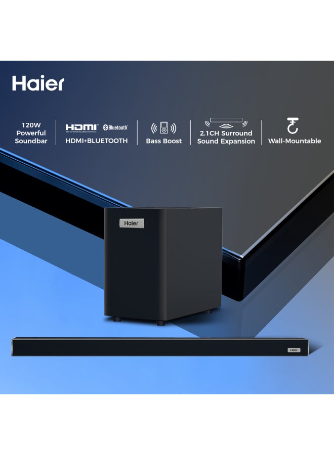 Haier 2.1 CH Bluetooth 120W Wireless Sound Bar Speaker with Subwoofer - HSD3A040B Black - Image 2