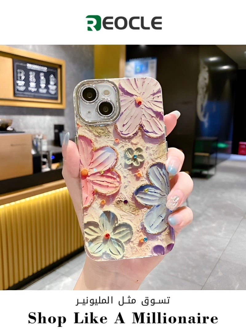 REOCLE Phone Case for iPhone 13 14 Colorful Retro Oil Painting Printed Flower Laser Beam Glossy Pattern Cute Curly Waves Border Exquisite Phone Cover Stylish Durable Protective Case for Girls - Image 1