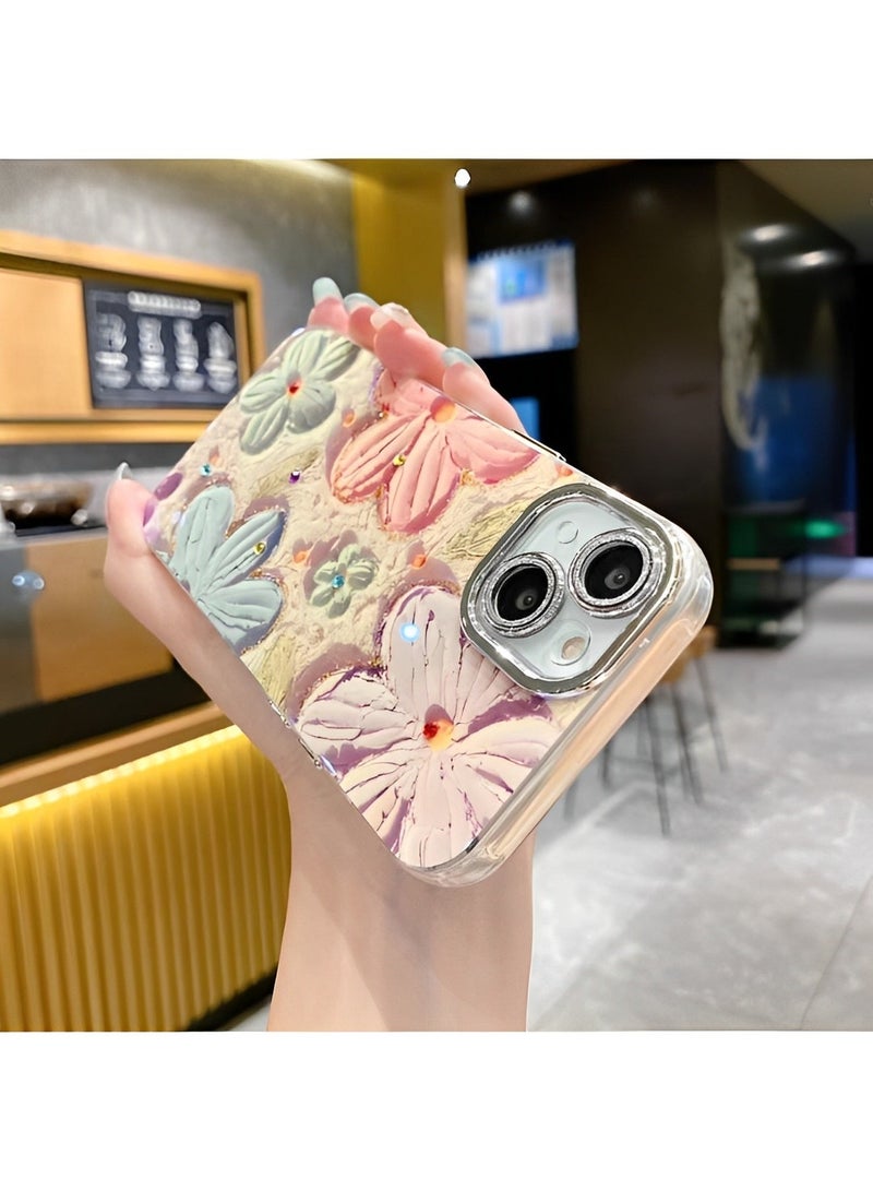 REOCLE Phone Case for iPhone 13 14 Colorful Retro Oil Painting Printed Flower Laser Beam Glossy Pattern Cute Curly Waves Border Exquisite Phone Cover Stylish Durable Protective Case for Girls - Image 5