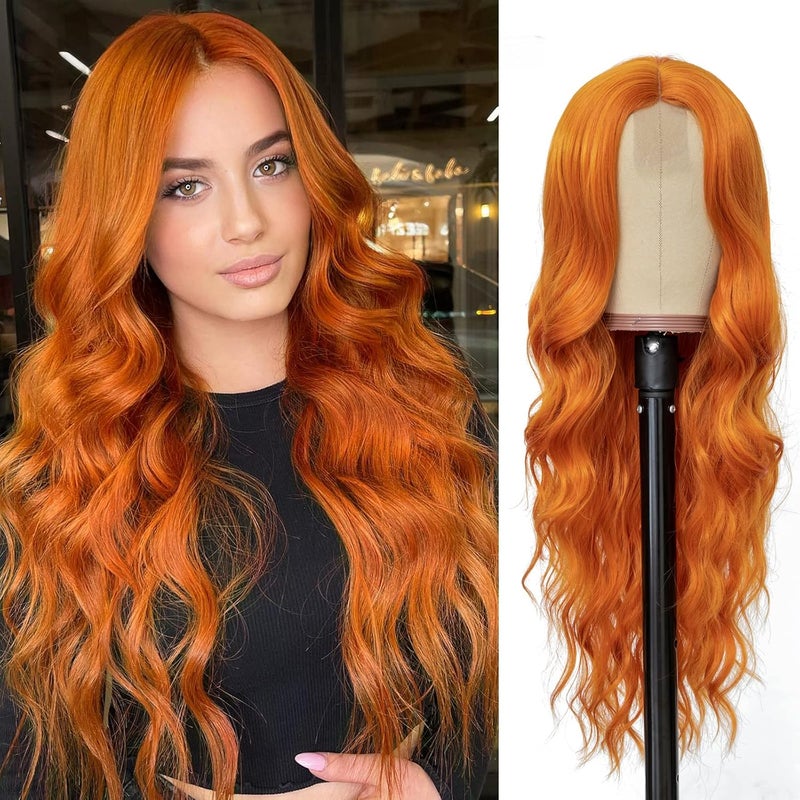 NAYOO Long Orange Wigs for Women  26 Long Orange Ginger Wavy Wig Natural Looking Orange Hair Wigs Easy to Put Orange Curly wig Heat Resistant Synthetic Wig Halloween Wig Cosplay WigOrange