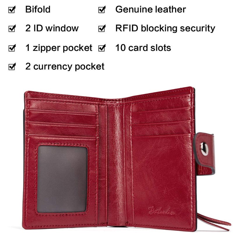 BOSTANTEN Women Leather Wallet RFID Blocking Small Bifold Zipper Pocket Wallet Card Case Purse with ID Window Red - Image 5