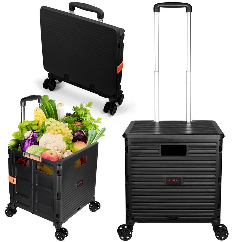 FELICON Foldable Utility Cart Portable Rolling Crate Handcart Shopping Trolley Collapsible 4 Rotate Wheels with Durable Heavy Duty Plastic Telescoping Handle for Travel Shopping Moving Storage Office Use 
