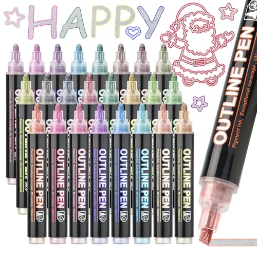 ZSCM 24 Colors Larger Shimmer Outline Markers Double Line: Metallic Glitter Pens Set for for Christmas Greeting Cards, Doodling, DIY Photo Album, Scrapbook Crafts, Metal, Ceramic, Glass - Image 1