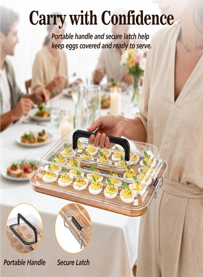 MAYELM Deviled Egg Containers with Lid, Acacia Wood Deviled Egg Platter Tray for 26 Eggs, Fold-Down Clear BPA-Free Cover Stores Flat, Portable Handle, Secure Latch, 4 Stainless Steel Forks (Black) - Image 3