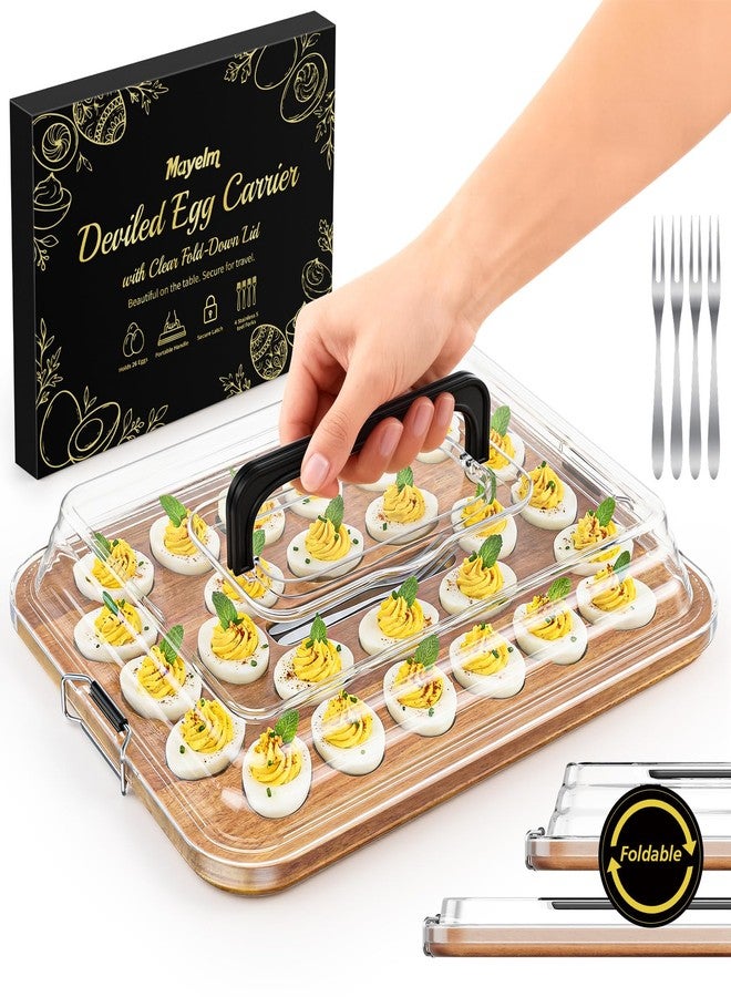 MAYELM Deviled Egg Containers with Lid, Acacia Wood Deviled Egg Platter Tray for 26 Eggs, Fold-Down Clear BPA-Free Cover Stores Flat, Portable Handle, Secure Latch, 4 Stainless Steel Forks (Black) - Image 1