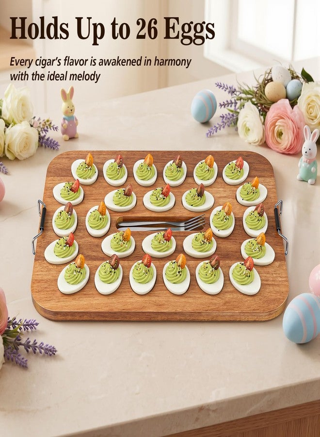 MAYELM Deviled Egg Containers with Lid, Acacia Wood Deviled Egg Platter Tray for 26 Eggs, Fold-Down Clear BPA-Free Cover Stores Flat, Portable Handle, Secure Latch, 4 Stainless Steel Forks (Black) - Image 2