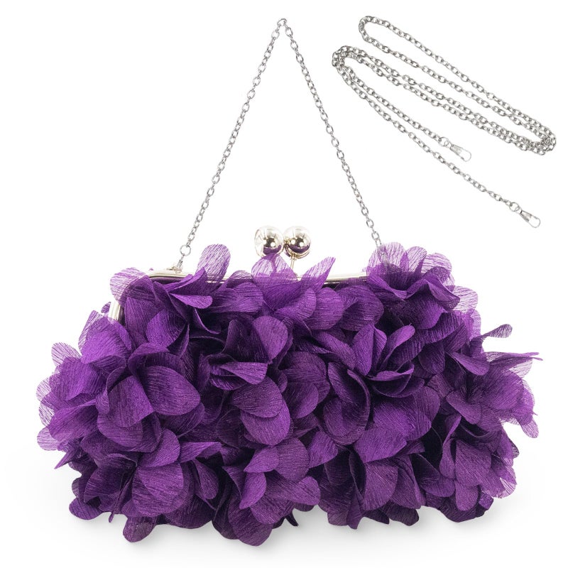 JAMBHALA Women Elegant Evening Purse, Small Floral Clutch Bag with Detachable Chain for Wedding, Party, Prom (Purple) - Image 1