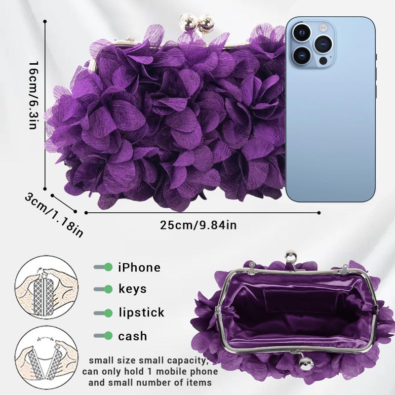 JAMBHALA Women Elegant Evening Purse, Small Floral Clutch Bag with Detachable Chain for Wedding, Party, Prom (Purple) - Image 5