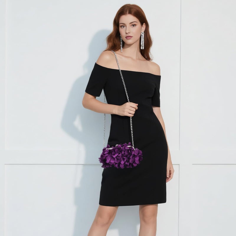 JAMBHALA Women Elegant Evening Purse, Small Floral Clutch Bag with Detachable Chain for Wedding, Party, Prom (Purple) - Image 2