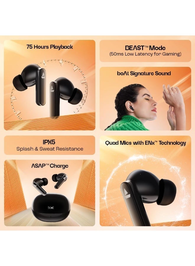 boAt Airdopes 301 TWS In-Ear Earbuds – Up to 75 Hours Playtime, Quad Mics with ENx Technology, ASAP Fast Charge, IWP Technology, Beast Mode with 50ms Low Latency, 10mm Drivers, Bluetooth 5.3 & IPX5 Water Resistance - Image 2