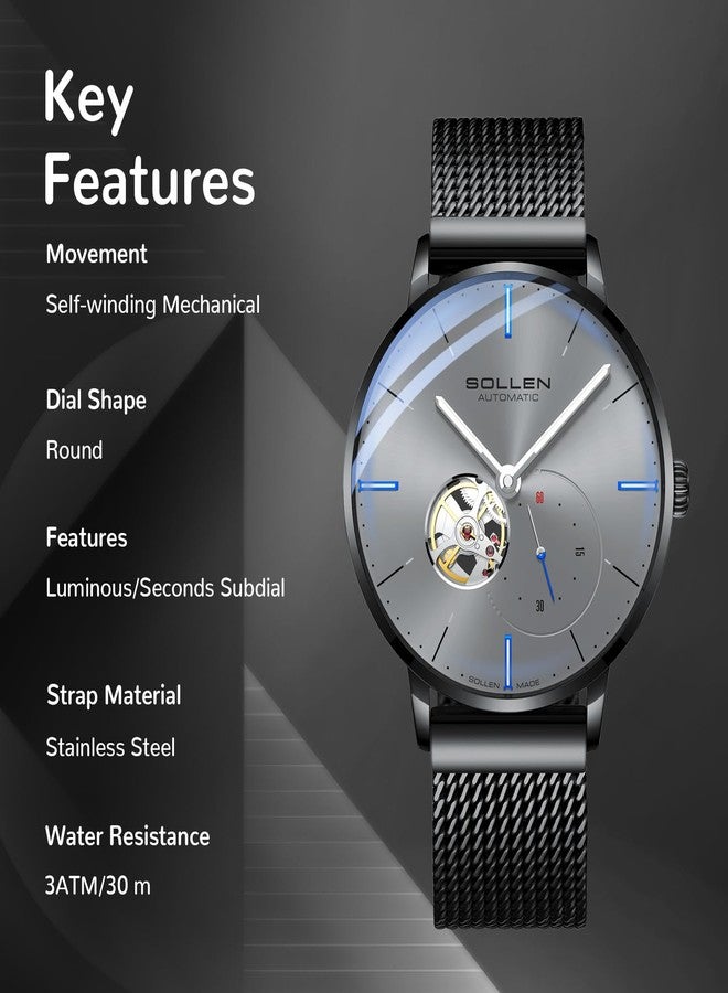 SOLLEN Men's Automatic Watch, Original Mechanical Movement - 3ATM Water Resistant - Skeleton Design & Luminous Hands - Small Second Dial & Stainless Steel Case, Minimalist Casual Slim Gifts for Men - Image 2