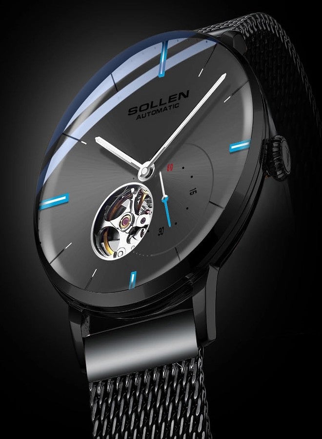 SOLLEN Men's Automatic Watch, Original Mechanical Movement - 3ATM Water Resistant - Skeleton Design & Luminous Hands - Small Second Dial & Stainless Steel Case, Minimalist Casual Slim Gifts for Men - Image 5