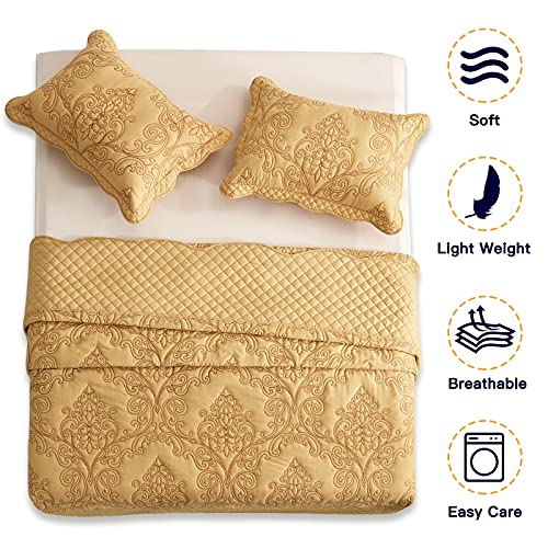 CHIXIN Oversized Bedspread Coverlet Set King Size - Lightweight Bedding Cover - Beautiful Stitching - 5 Piece Reversible Bedspread - Luxury Damask Paisley Pattern (King, Honey-Gold) - Image 3