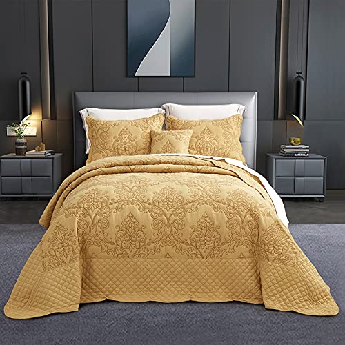 CHIXIN Oversized Bedspread Coverlet Set King Size - Lightweight Bedding Cover - Beautiful Stitching - 5 Piece Reversible Bedspread - Luxury Damask Paisley Pattern (King, Honey-Gold) - Image 1