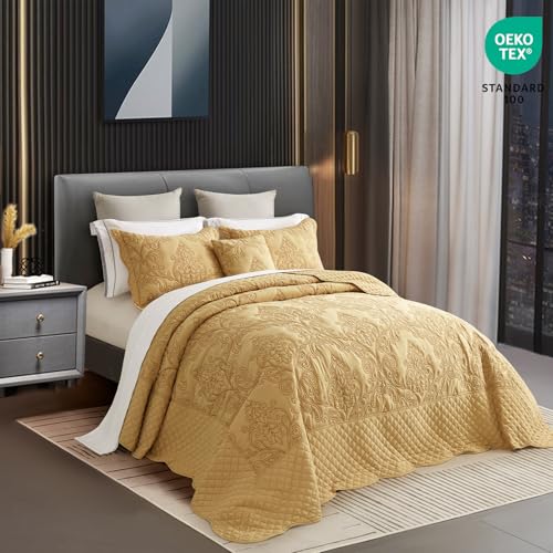CHIXIN Oversized Bedspread Coverlet Set King Size - Lightweight Bedding Cover - Beautiful Stitching - 5 Piece Reversible Bedspread - Luxury Damask Paisley Pattern (King, Honey-Gold) - Image 2