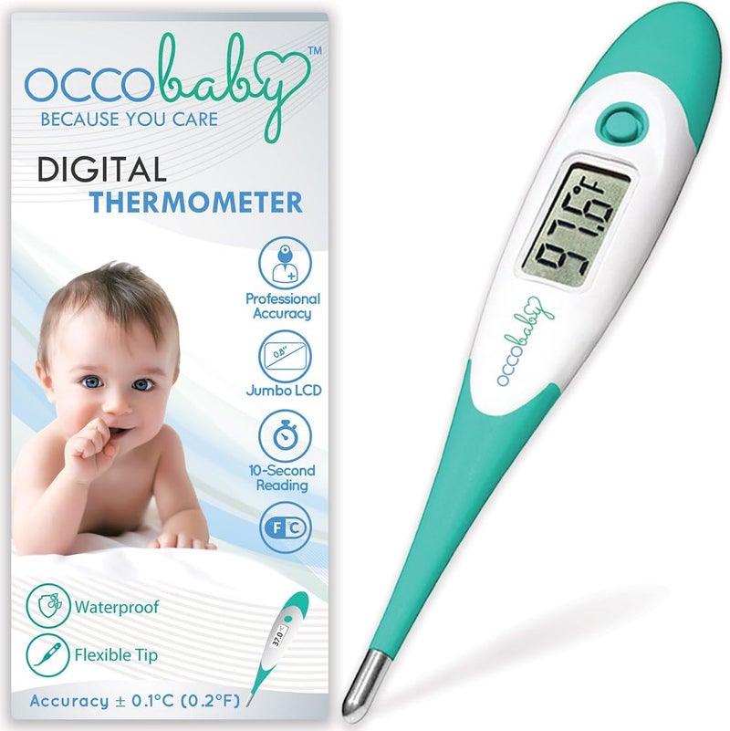 OCCObaby ترمومتر رقمي سريري للأطفال - شاشة LCD، طرف مرن، قراءة سريعة دقيقة للحمى خلال 10 ثوانٍ للاستخدام الشرجى والفموي وتحت الإبط - ترمومتر مقاوم للماء للأطفال والرضع - Image 1