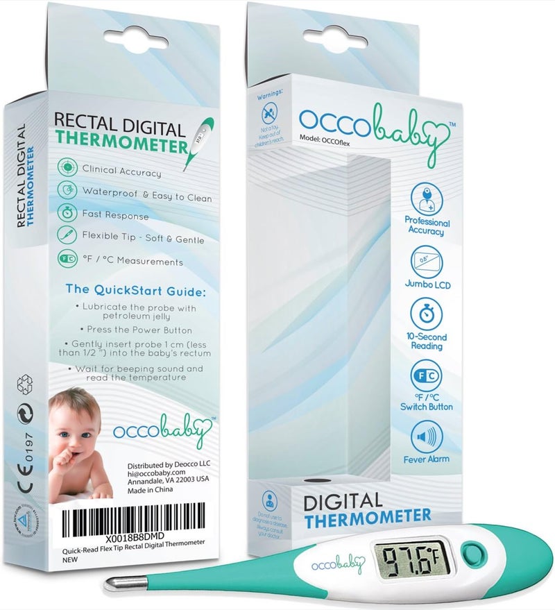 OCCObaby ترمومتر رقمي سريري للأطفال - شاشة LCD، طرف مرن، قراءة سريعة دقيقة للحمى خلال 10 ثوانٍ للاستخدام الشرجى والفموي وتحت الإبط - ترمومتر مقاوم للماء للأطفال والرضع - Image 5
