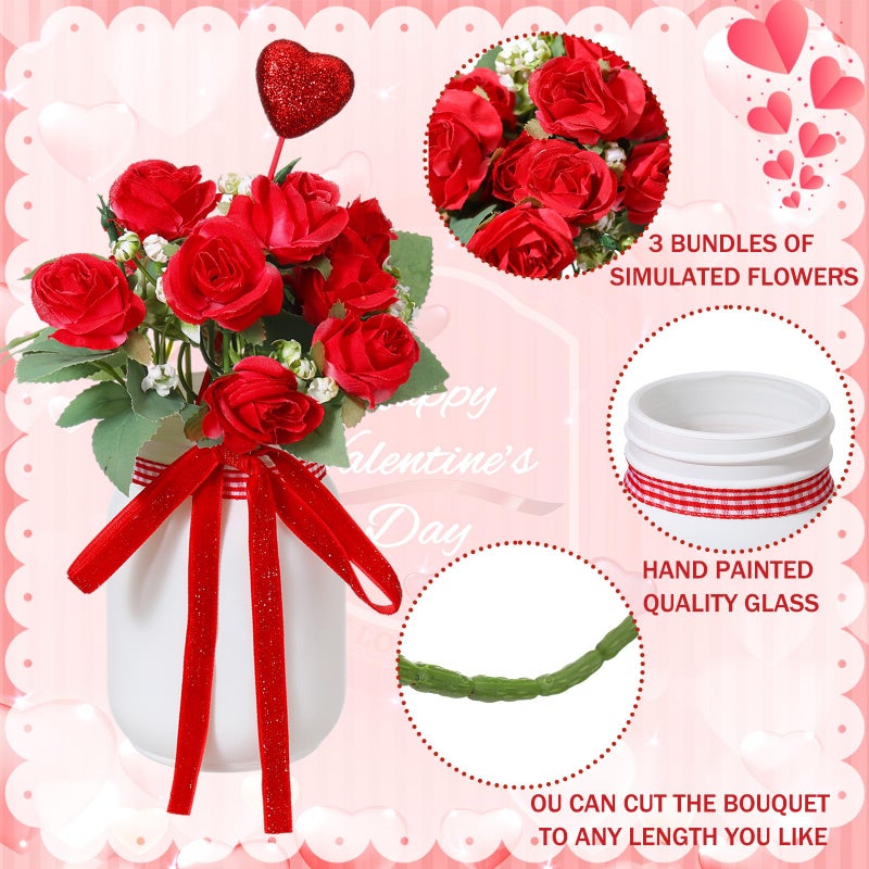 Knitgrip 3 Pcs Valentine's Day Table Decor Floral Centerpiece for Table Decorative Red Rose Mason Jar Valentines Centerpiece Valentine Wedding Anniversary Home Kitchen Decor Gift for Women Mothers Day - Image 3