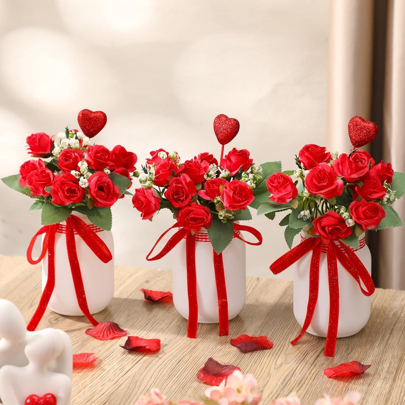 Knitgrip 3 Pcs Valentine's Day Table Decor Floral Centerpiece for Table Decorative Red Rose Mason Jar Valentines Centerpiece Valentine Wedding Anniversary Home Kitchen Decor Gift for Women Mothers Day - Image 1