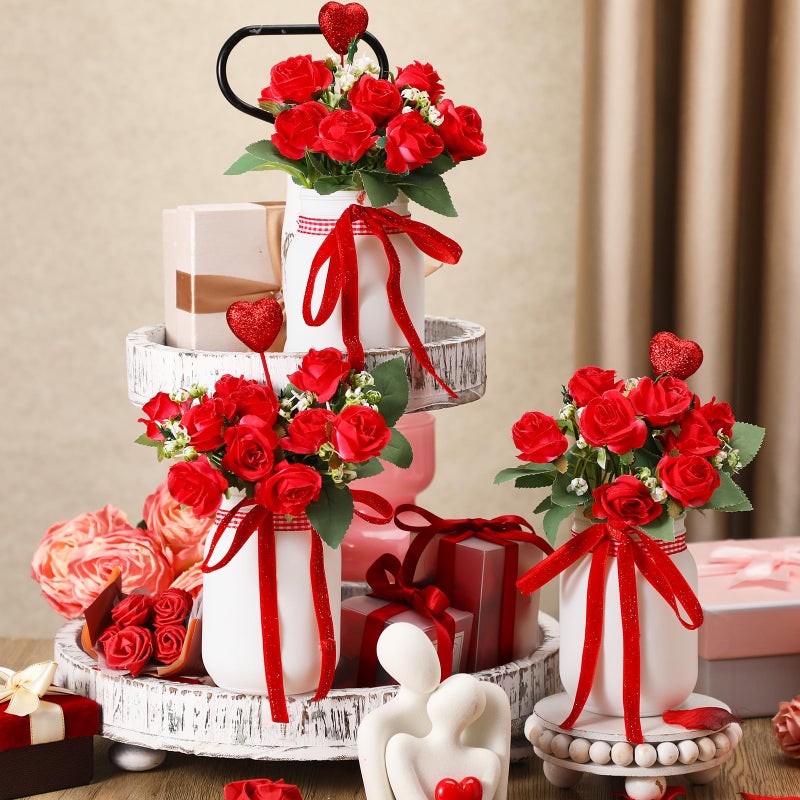 Knitgrip 3 Pcs Valentine's Day Table Decor Floral Centerpiece for Table Decorative Red Rose Mason Jar Valentines Centerpiece Valentine Wedding Anniversary Home Kitchen Decor Gift for Women Mothers Day - Image 4