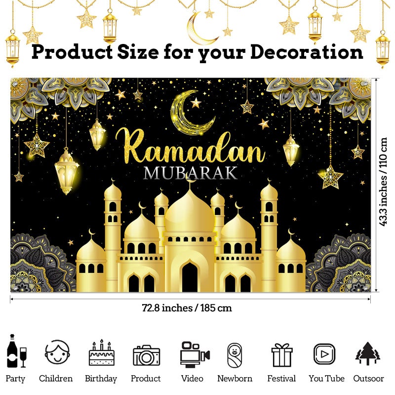 Boyiee Ramadan Mubarak Decorations Backdrop Banner Muslim Ramadan Kareem Background Eid Mubarak Sign Photo Booth Backdrop Background for Home Muslim Eid Al Fitr Party Supplies(Black) - Image 2