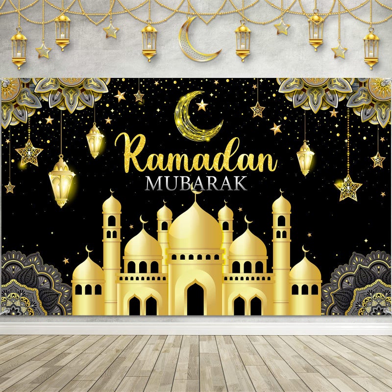 Boyiee Ramadan Mubarak Decorations Backdrop Banner Muslim Ramadan Kareem Background Eid Mubarak Sign Photo Booth Backdrop Background for Home Muslim Eid Al Fitr Party Supplies(Black) - Image 1