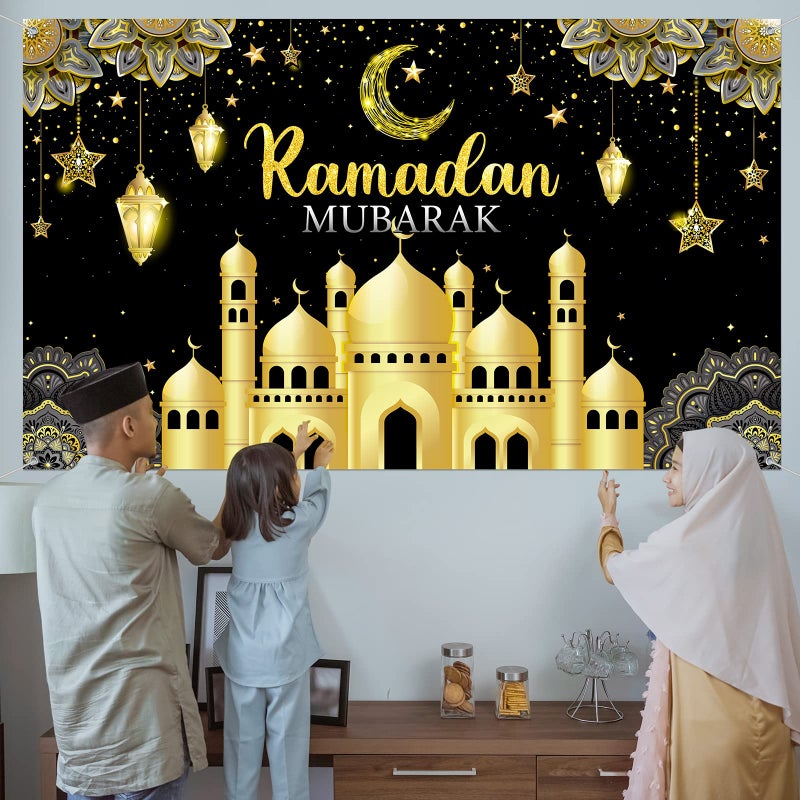 Boyiee Ramadan Mubarak Decorations Backdrop Banner Muslim Ramadan Kareem Background Eid Mubarak Sign Photo Booth Backdrop Background for Home Muslim Eid Al Fitr Party Supplies(Black) - Image 4