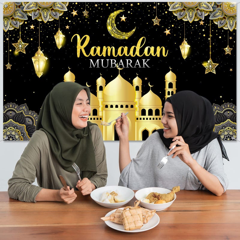 Boyiee Ramadan Mubarak Decorations Backdrop Banner Muslim Ramadan Kareem Background Eid Mubarak Sign Photo Booth Backdrop Background for Home Muslim Eid Al Fitr Party Supplies(Black) - Image 5