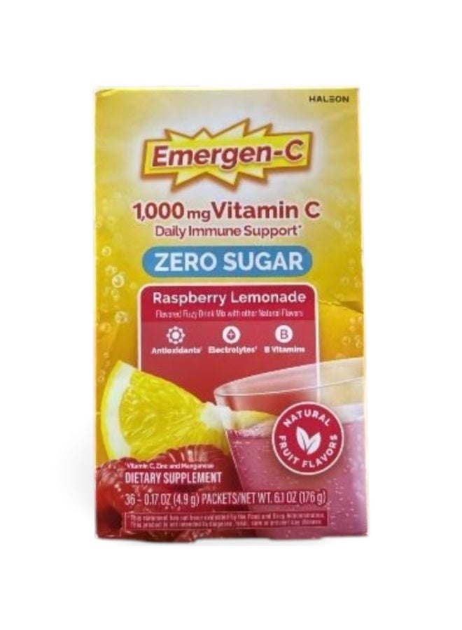 Emergen-C Zero Sugar 1000 mg Vitamin C Powder for Daily Immune Support Caffeine Free Vitamin C Supplements with Zinc and Manganese, B Vitamins and Electrolytes, Raspberry Lemonade Flavor - 36 Count - Image 1