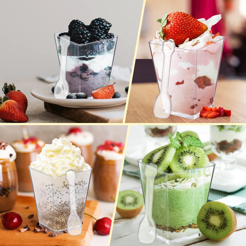 Eupako 100 Pack 5 oz Square Clear Plastic Dessert Cups with Spoons Small Clear Plastic Tumbler Cups Great for Desserts, Appetizers, Puddings, Mousse, Parfait - Image 5