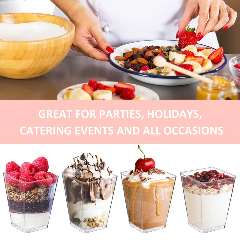 Eupako 100 Pack 5 oz Square Clear Plastic Dessert Cups with Spoons Small Clear Plastic Tumbler Cups Great for Desserts, Appetizers, Puddings, Mousse, Parfait - Image 4