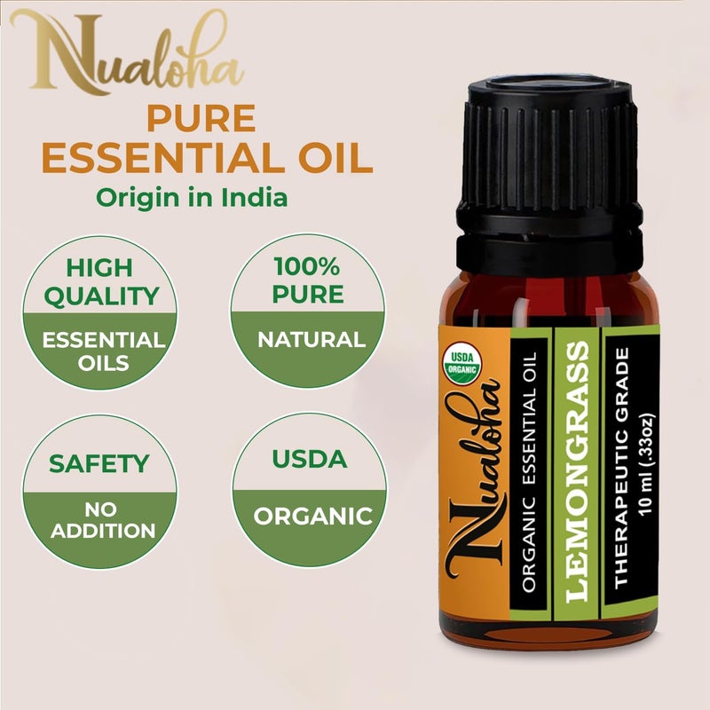 Nualoha Lemongrass Essential Oil - USDA Organic 100% Pure Natural Therapeutic Grade Oil For Aromatherapy, Diffuser, Face, Hair and Body Care - 10 ML - Image 1