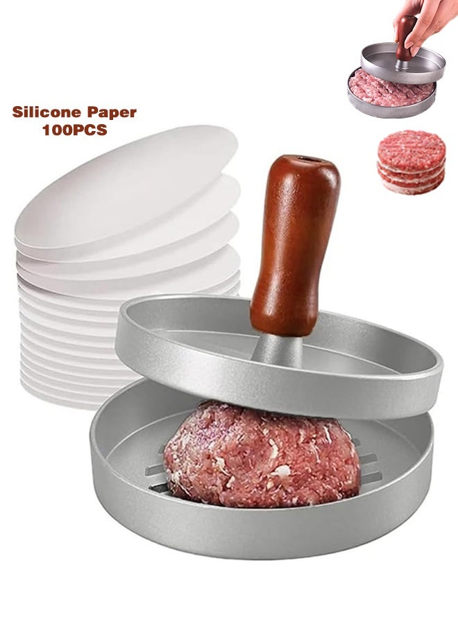 سويت لايف صانعة فطائر البرجر من الفولاذ المقاوم للصدأ، قالب فطائر البرجر بمقبض خشبي، غير لاصق، مع 100 ورقة فطائر - Image 1