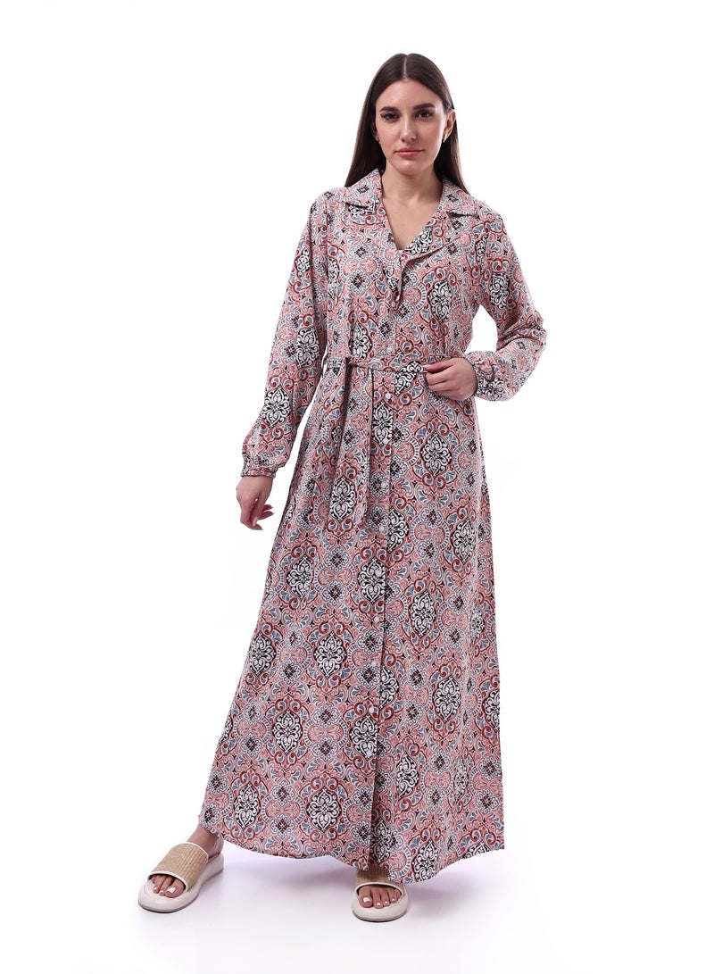 Andora Belted Patterned Maxi Dress With Notched Collar _ Kashmir & White - Image 1